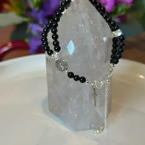 Rosary Bracelet with Black Beads and Silver Cross Charm for Spiritual Jewelry