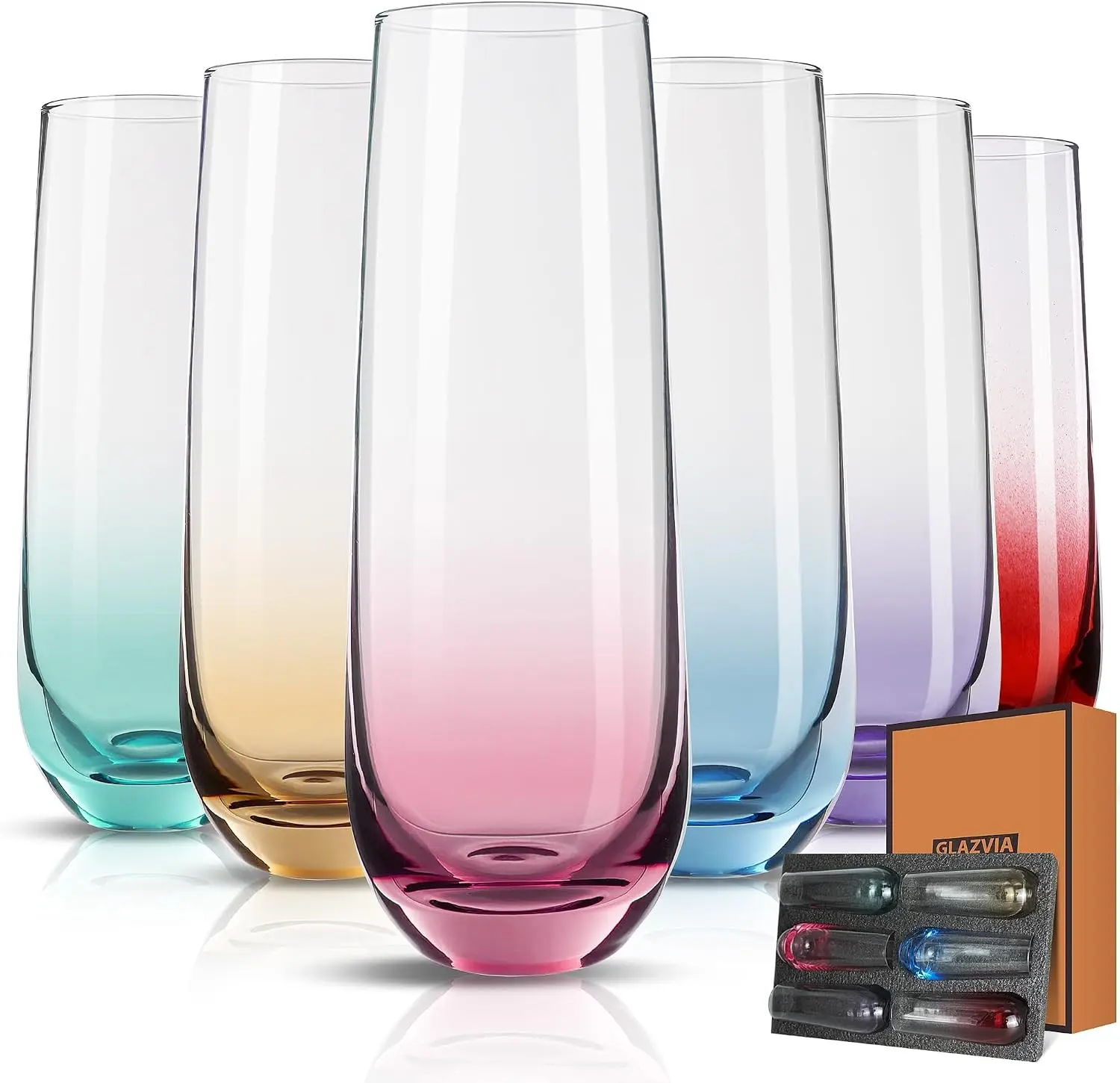 Stemless Champagne Flutes Glasses Set of 6-10oz Multi Colored Glass | Unique Colorful Champagne Flute Gift for Wedding, Anniversaries, Parties, Birthday, Restaurant, Home Bar