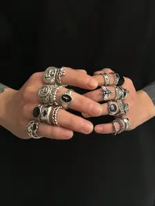 24 Piece Stylish Fashionable Geometric Metal Punk Style, Non-Adjustable Stackable Statement Rings for Men, Hip Hop Punk Jewelry Collection