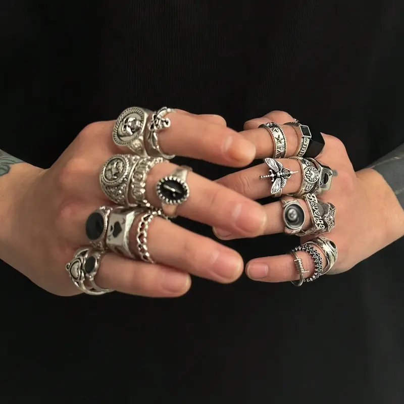 24 Piece Stylish Fashionable Geometric Metal Punk Style, Non-Adjustable Stackable Statement Rings for Men, Hip Hop Punk Jewelry Collection Stacking Rings