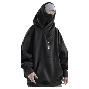 Unisex oversized ninja cotton hip-hop hoodie with double neckline, loose casual fit, pocket, hooded sweatshirt for daily outdoor wear — men’s baggy long-sleeve black stylish top