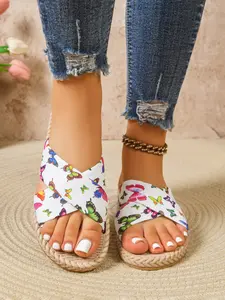 Butterfly Print Cross Strap Sandals, Straw-Like Sole, Open-Toe Flat Shoes, Comfortable & Non-Slip, Ideal for Summer, Office, Shopping, Vacation