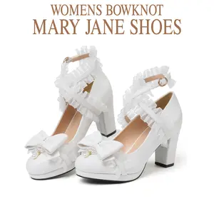 CYNLLIO Womes Chunky Block Heel Rounded Toe Cross Ruffle Ankle Strap Pearl Bow Kawaii Pumps Slip On Comfy Fashionable Wedding Party Cosplay Dating Casual Spring Mary Jane Wedding Shoes