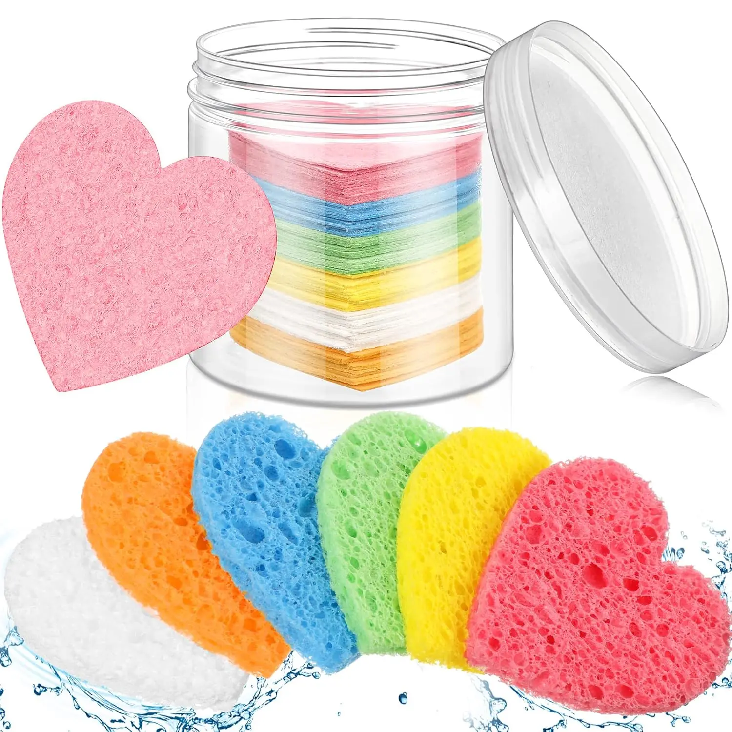 Heart Shaped Facial Sponges, 60 Pcs Compressed Natural Cleansing Pads, Reusable for Exfoliating and Face Wash, Multi-Color with Storage Container, Exfoliate
