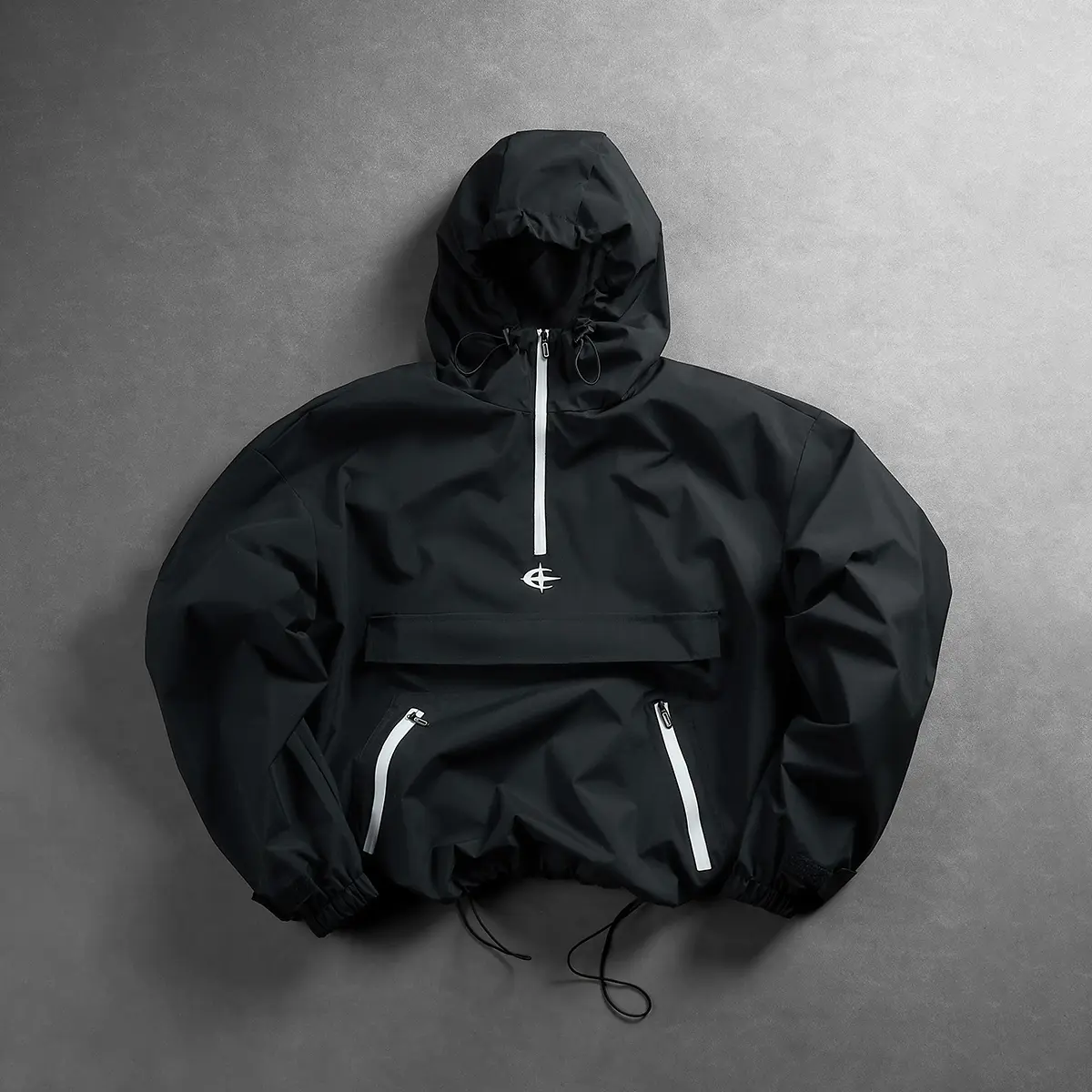 Men’s half-zip hooded windproof pullover jacket with white contrast zippers, loose casual urban outdoor design, water-resistant, drawstring hem coat
