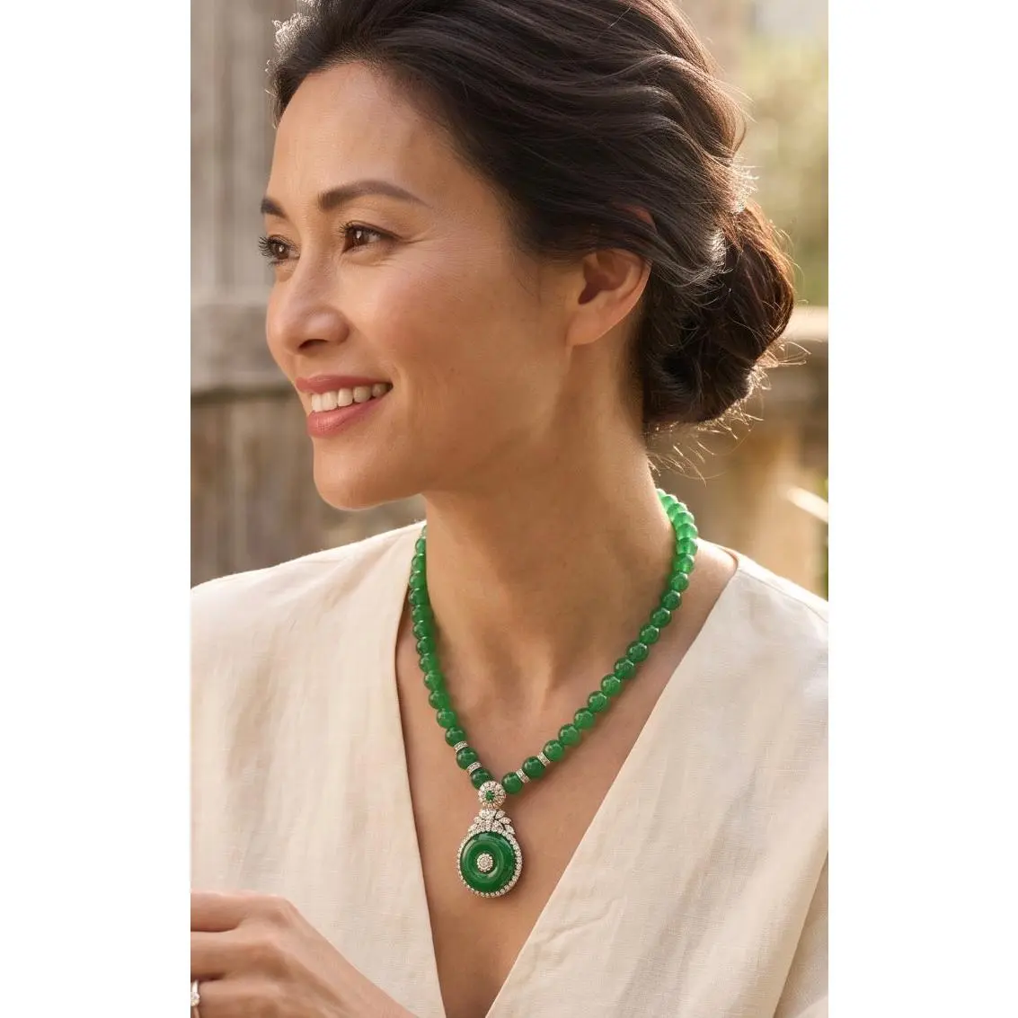 Natural Green Agate Beaded Donut Pendant Necklace – Silver Plated Brass with Chalcedony & Zirconia Accents – Statement Gemstone Jewelry with Certificate 6007