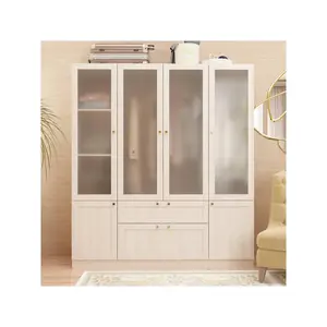 FUFU&GAGA Armoire Wardrobe Closet with 4 Frosted Glass Doors, Hanging Bars, Shelves & Drawers, Wooden Closet Storage Cabinet for Bedroom Furniture Organization Modern Design