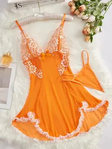 Lace Trim Slit Bowknot DecorSleepDress Women's Lace BowNightdressNightgown NightwearElegant SilkyFabric Loungewear Women's Lace Bow Cami Nightgown