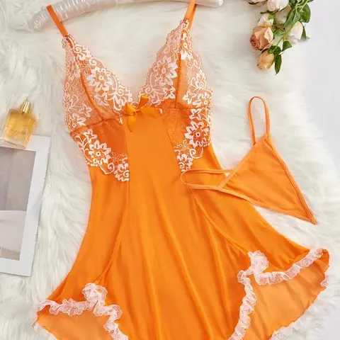 Women's Soft Knit Colorblock Lace Trim Side Slit Bowknot Nightdress - Feminine Silky Cami Sleep Dress, Comfortable Fabric Nightwear, All-Season Loungewear