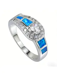 Vintage Maximalist Halo Opal Zircon Engagement Ring Blue Fire Opal & Cubic Zirconia Bridal Wedding Band,Romantic Gift for Her