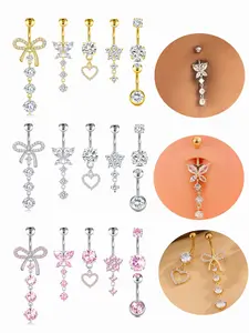Stainless Steel Cubic Zirconia Belly Button Ring Navel Ring for Women, Sexy Butterfly and Heart Shape Pendant, Body Piercing Jewelry, Perfect Birthday Gift for All Seasons