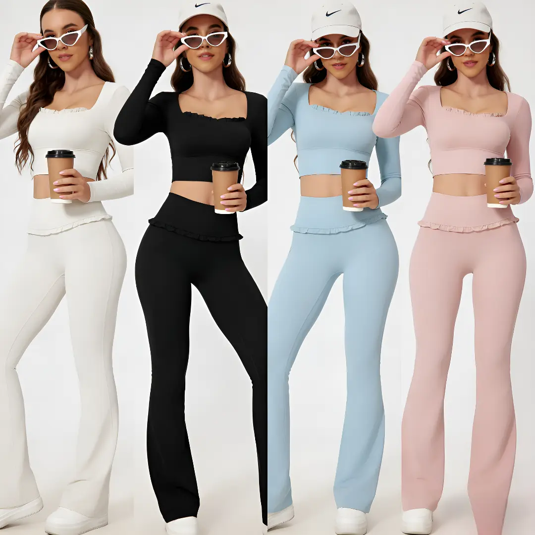 THEYOUNG Women’S Solid Color Sportwear Set Square Neck Long-Sleeve Top With Built-In Bra& Buttery Soft Flared Let Legging Moisture-Wicking Tracksuit Set For  Yoga & Running Fitness Outfit Gym Sweatwear