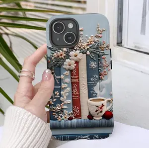 Boho Bookish Faux Embroidered phone case, Blue Jean Bookshelf case Coffee Cup, Floral Accents, Aesthetic Phone Case Phone Cover Hard Cases