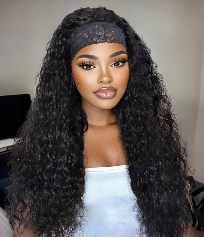 Unice Glueless No Slipping Water Wave Lace Headband Wigs with Drawstring All-Day Security Put On and Go Human Hair Wigs Beginners Friendly