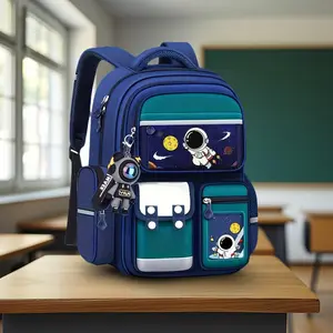 Cartoon Astronaut Backpack - Large Capacity, Adjustable Straps, Tablet Pocket, Ideal School & Commuting, Navy Blue with Colorful Space Design, Backpack School