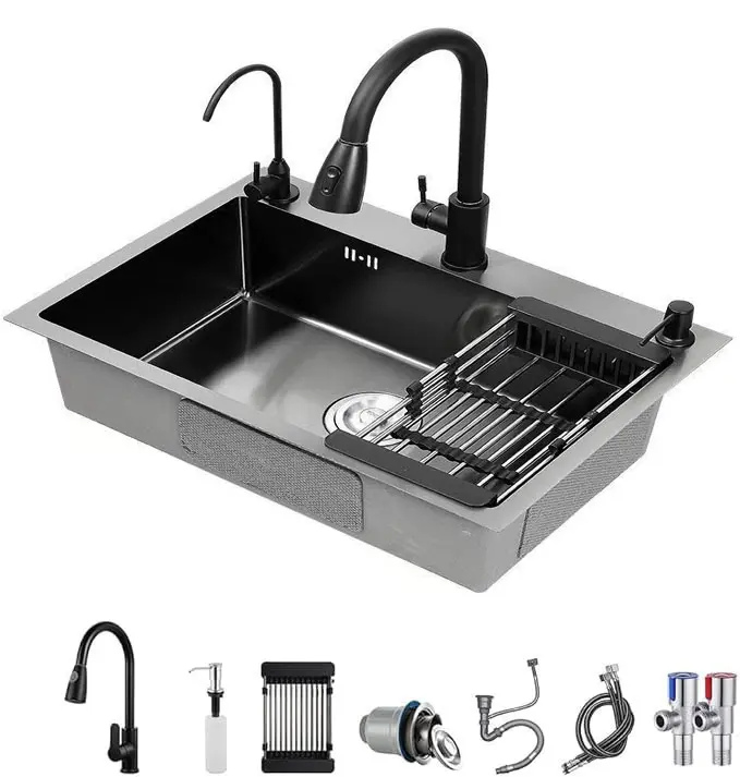 29.5 * 17.7 inches (approx. 74.9 * 45.0 cm) undermount, top-, and drop-in kitchen sink, black nano single bowl sink, top-mount workstation sink with pull-out faucet, soap dispenser, and drainboard; single sink; single