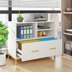 LITTLE TREE Lateral File Cabinet with Drawer, White Filing Cabinet with Adjustable Hanging Rod for Letter/Letter/A4 Size Files, 35.4" Wood Modern Printer Stand with Open Storage Spaces for Home Office