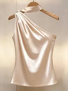 Summer Women's Fashion Satin Halter Top, Sexy Backless Chic Blouse for Dating and Party, All Seasons Fitted Plain Hoodie/jumper