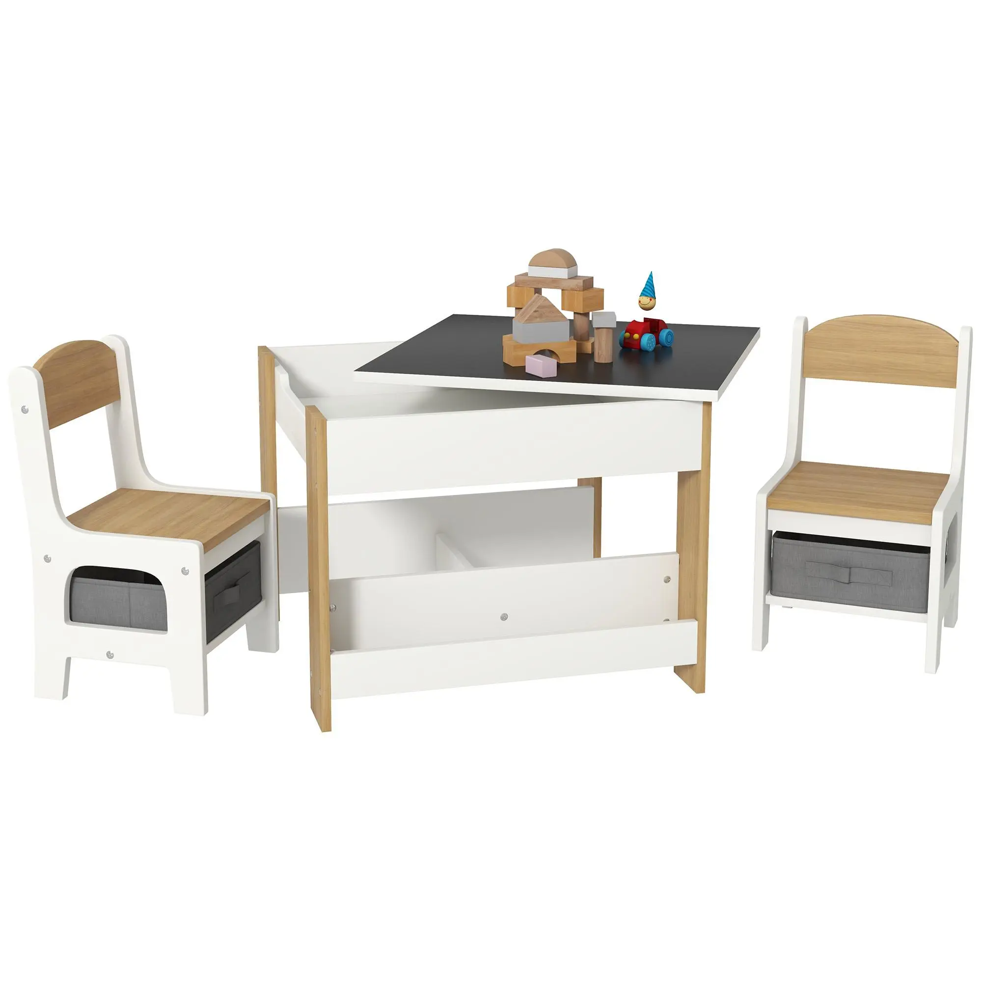 Qaba 3 Piece Kids Table and Chair Set, 4 in 1 Toddler Wooden Activity Table with Reversible Tabletop Blackboard, Storage & Bookshelves for Playroom, Nursery,sohochic