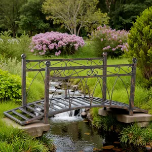 3.3' Metal Arch Zen Garden Bridge with Safety Siderails, Decorative Footbridge, Delicate Scrollwork & Corner Spheres for Stream, Fish Pond, Bronze