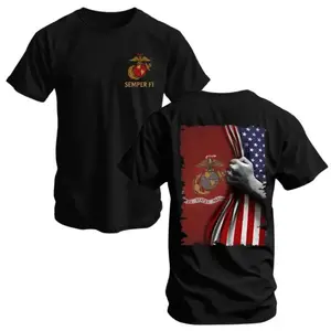 Marine Corps T-Shirt, Semper Fi Graphic, USMC Flag Tear Design, Cotton Shirt for Military Veterans, Patriotic Marine T-Shirt