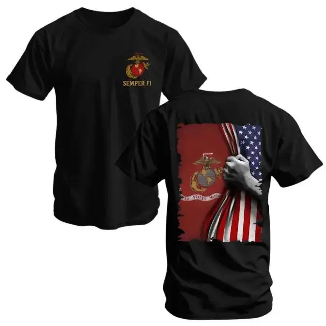 Marine Corps T-Shirt, Semper Fi Graphic, USMC Flag Tear Design, Cotton Shirt for Military Veterans, Patriotic Marine T-Shirt