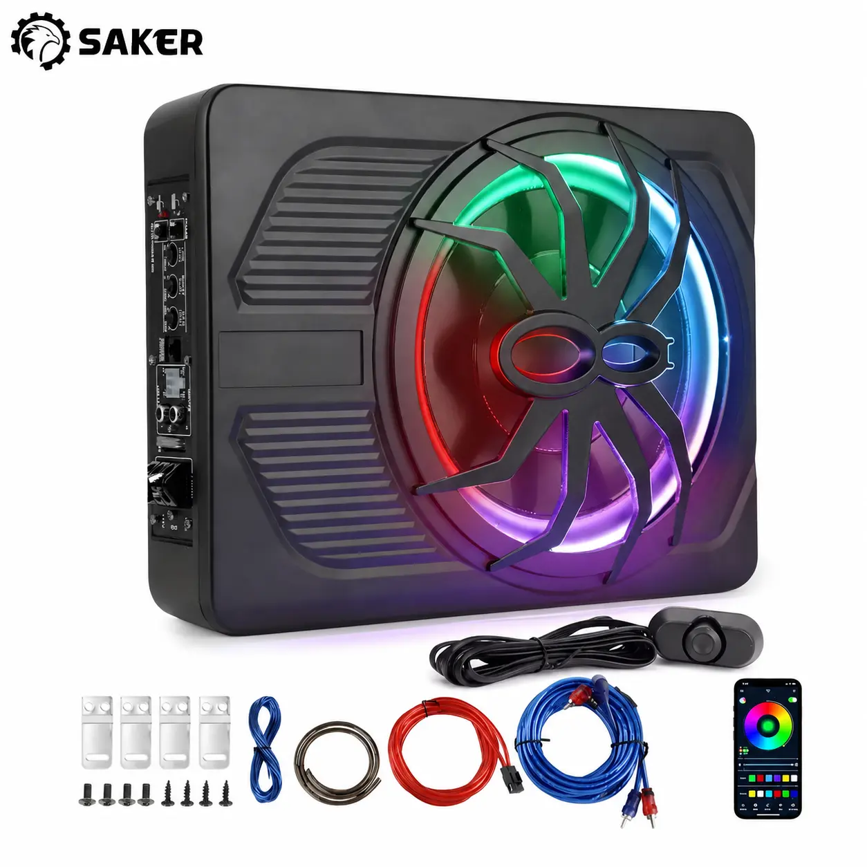 Saker Slim Powered Car Subwoofer Audio Speaker, 1000W Peak Power, Multicolor Ambient Lighting, High-Low Level Inputs for Car Audio Upgrade