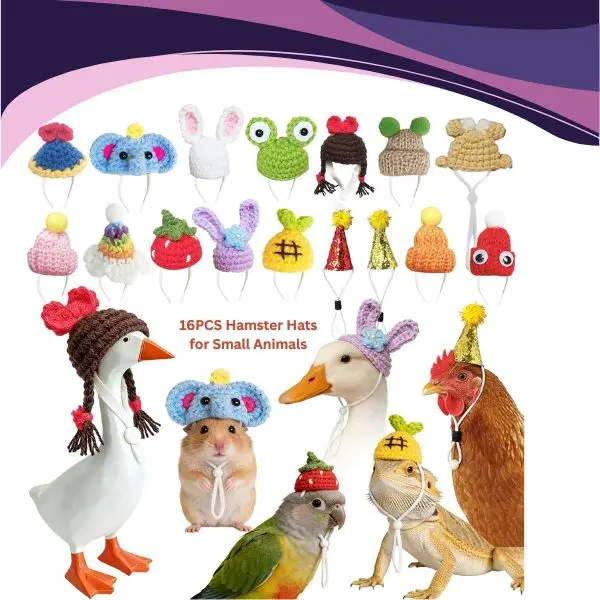 16PCS Hamster Hats for Small Animals, Adjustable Mini Pet Hats, Cute Knitted Chicken Hats, Costume Accessories for Hamsters, Birds, Ferrets, Lizards & Party Photo Props