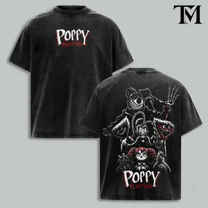 Poppy Playtime Vintage Washed Oversized T-Shirt, Horror Cartoon Game Graphic Tee, Retro Bootleg Inspired Heavyweight Cotton Shirt, Unisex Gamer Gift for Kids and Adults