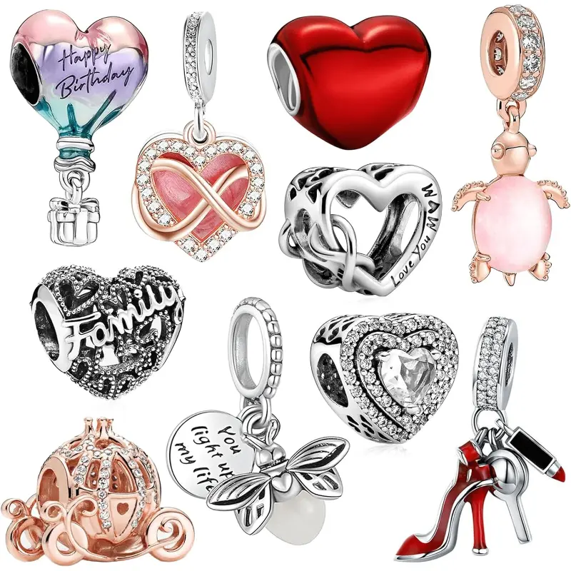 10-Pack Silver Charm Bracelet Set CZ Pendant Charms for Women Tarnish Resistant DIY Jewelry Making Kit, Diy Pendants, Heart Design Charm