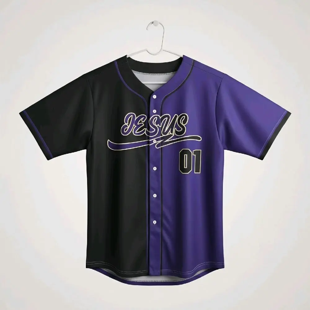 Unisex Short-Sleeve Baseball Jersey, Machine-Washable Sportswear Clothing, Purple and Black split design with yellow detail