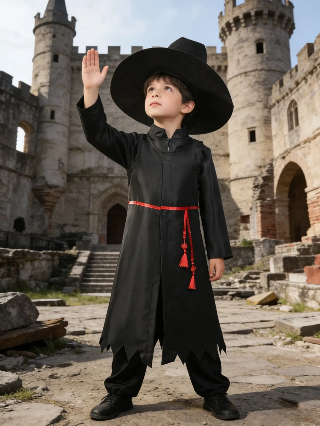 Devil Boy Band Wizard 5-Piece Set, Blazer, Slim-Fit Long Pants, Hat, Fringe Belt, Party Style, All Seasons