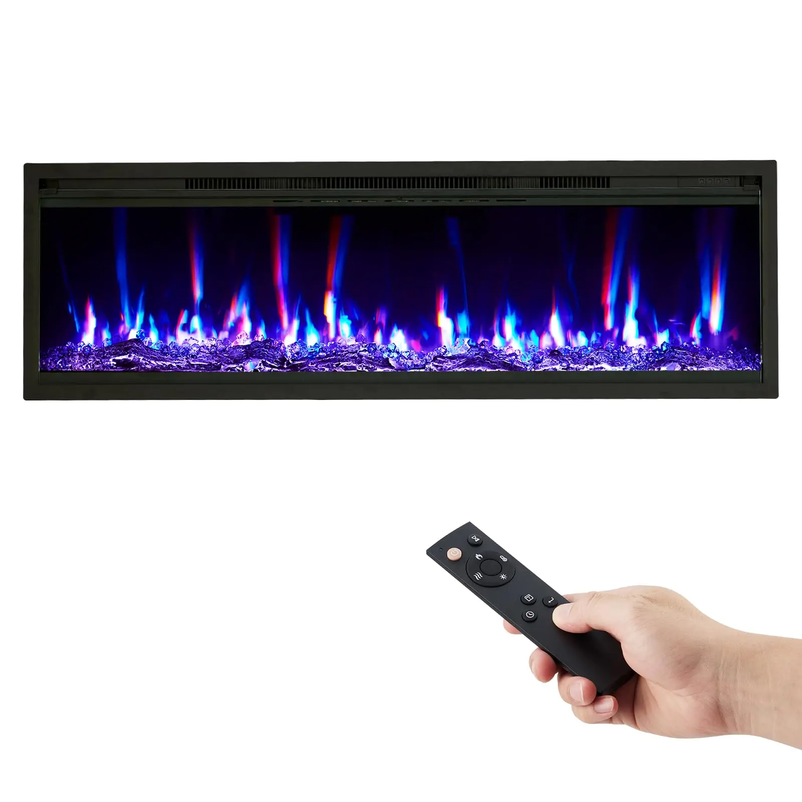 GARVEE 60in Indoor Electric Fireplace Insert, 750/1500W (600W & Above) Recessed/Wall-Mounted Heater with Remote, Touch Screen, 12-Color Flame Bed, Adjustable Brightness, 9H Timer, Log/Crystal, Black Tempered Glass (57.3lbs), 600 W & Above