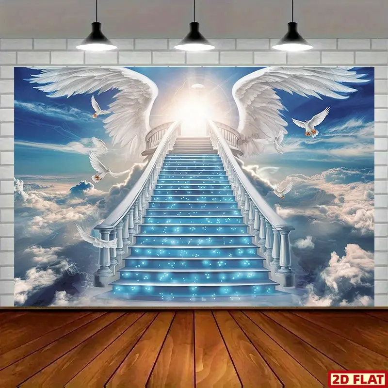 2D Flat Banner, 1pc Angel Wings and Stairway to Heaven Polyester Banner - Lightweight Wall Decor for All Seasons, Home Decor Banner, Versatile Room and Party Decoration, Durable and Easy to Hang, Party Decorations Banners