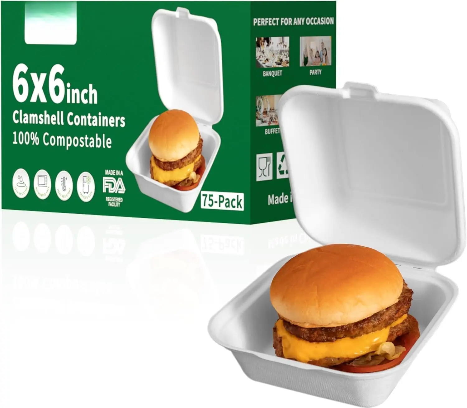 6x6 Inch Heavy Duty Clamshell Take Out Containers 75 Pack, Compostable Bagasse  Boxes with , Small Disposable To-Go Containers for Lunch, Dessert, Salad