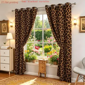 2 Piece Set 2D Flat Print Curtains, Window Curtain, Leopard Drapes, Leopard Pattern, Home Decor, Hole Curtain, Semi-Transparent Polyester Fabric