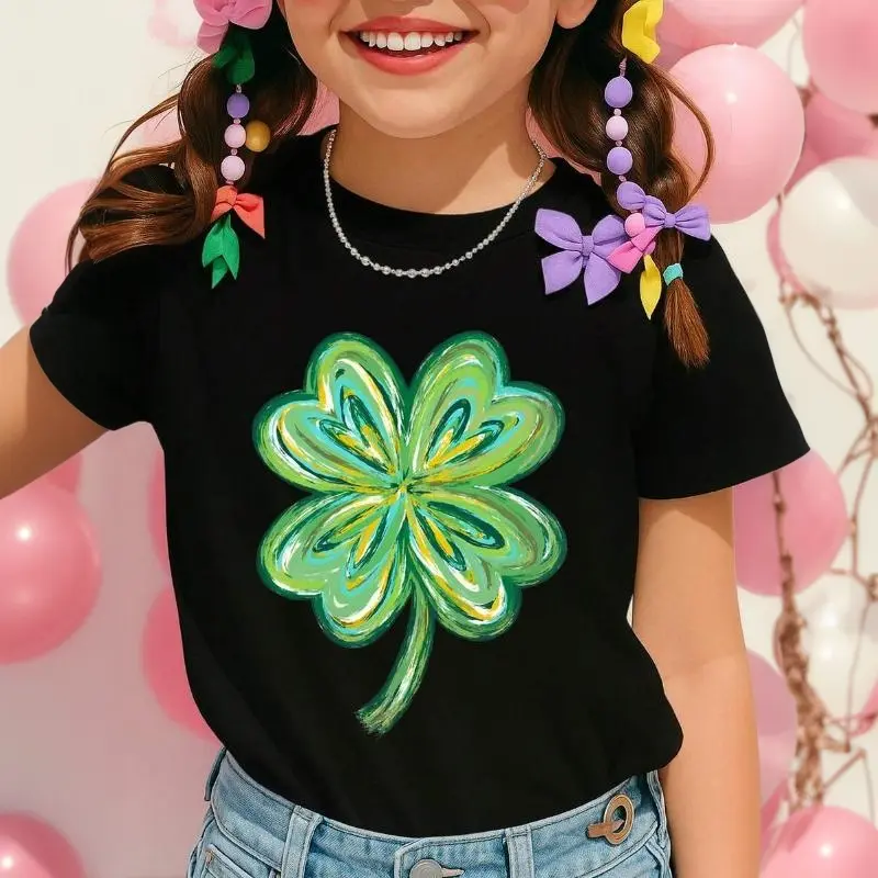 Young Girl's Cotton T-Shirt, Hand-Painted Six Seven Shamrock Graphic, Lucky Irish Clover Bow & Leprechaun Print, 2026 St Patrick's Day Black Short Sleeve Tee, Holiday Lucky Casual Top