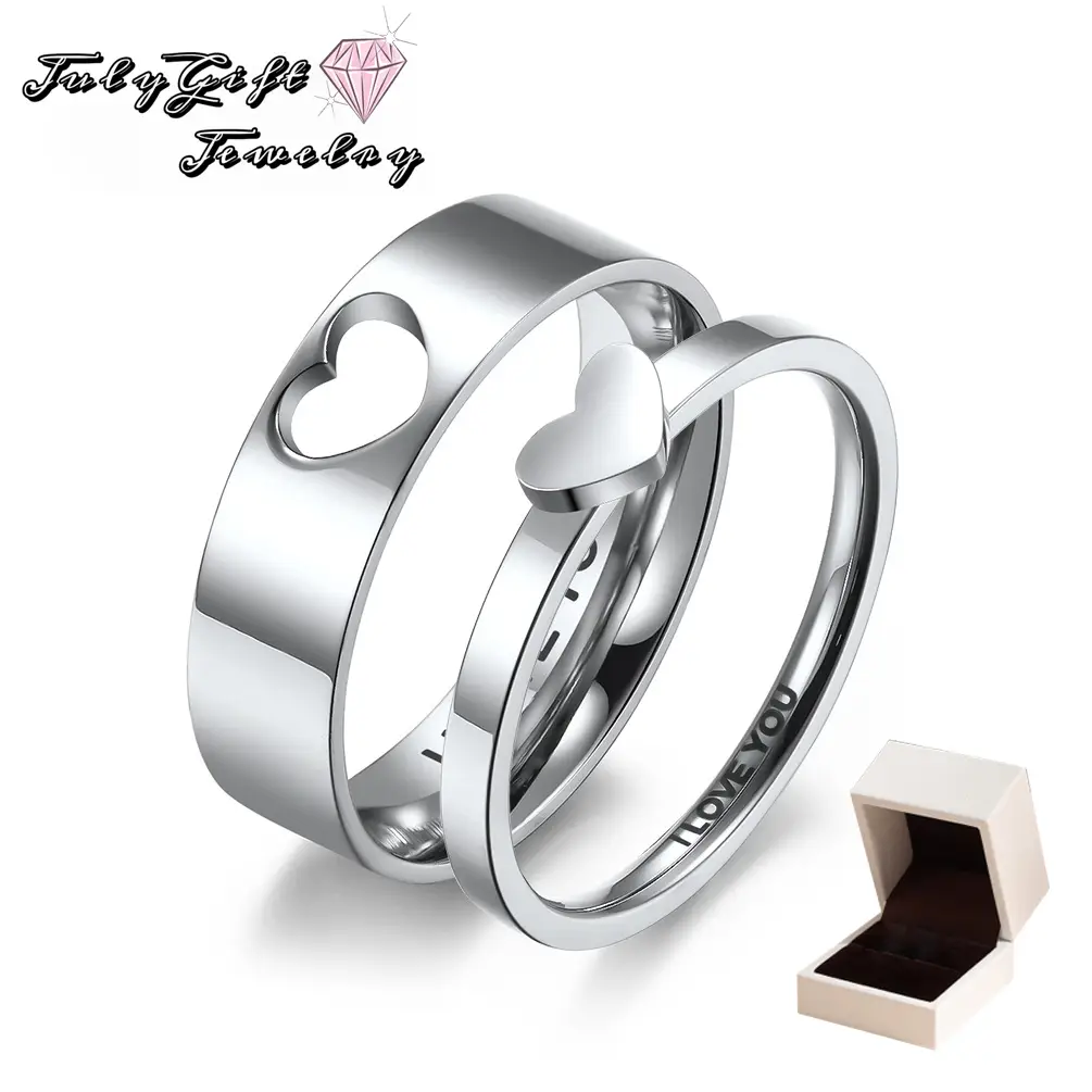 Matching Heart Promise Rings for Couples I Love You Engagement Wedding Ring Band Sets for Him and Her Stainless Steel High Polished Comfort Fit