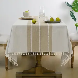 Softalker Outdoor Tablecloth Rectangle, Waterproof Linen Cotton Farmhouse Table Cloths with Tassel, Heavy Weight Wrinkle Free Boho Table Cover for Picnic...