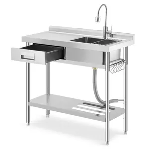 Garvee Stainless Steel Utility Sink - Commercial Single Bowl Prep Sink with Workbench & Drawer, Freestanding Kitchen Sink with Pull-Out Faucet & Storage Shelf, for Garage, Laundry - 39.5 X 23.6 x 31.5 Inch