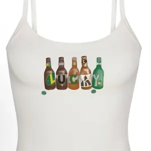 Lucky Bottles Fitted Tank – White Graphic Top with subtle lucky beer bottle lettering