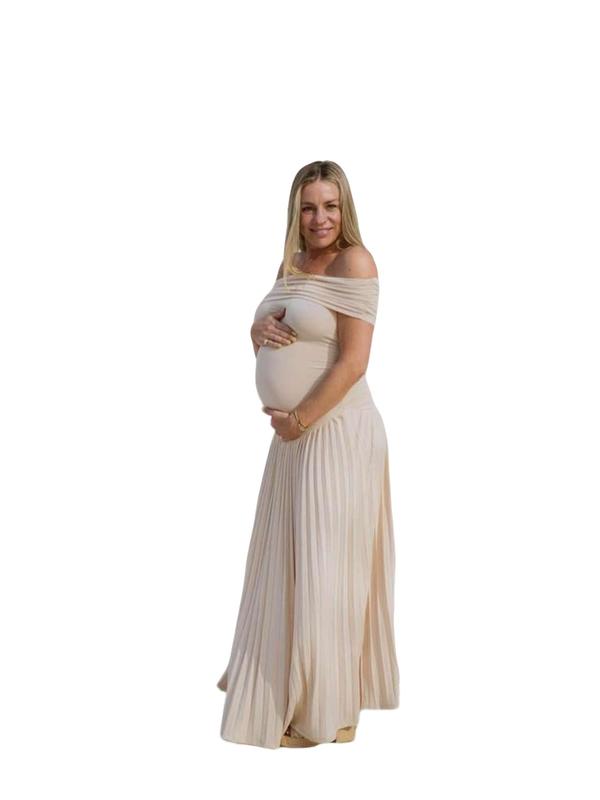Elegant Off-Shoulder Ruched Maxi Dress, Maternity Baby Shower Gift, Long Flowy Party Dress, Maternity Dresses, Women's Fashion Clothing