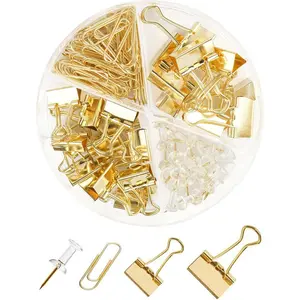 Gold Paper Binder and Clips Set, Metal Assorted Sized Binders with Push Pins, Cute Office Supplies, Teacher Desk Must Haves, Desk Accessories
