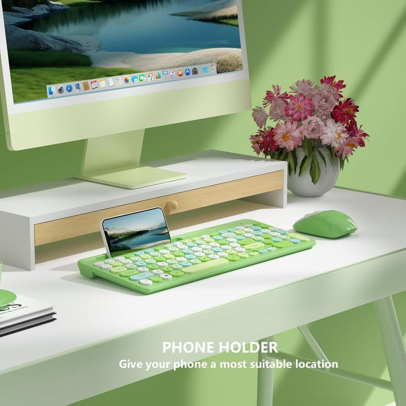 F-KBB01 Retro Wireless Keyboard with Round Keycaps, 2.4GHz Full-Size USB Cute Wireless Keyboard Mouse for Computer, Desktop, Laptop and Computer (Pink-Colorful)