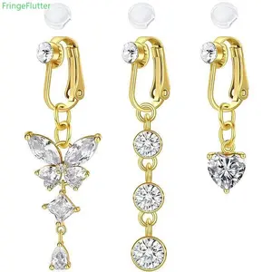 FringeFlutter Non-Piercing Belly Button Ring Clip-On | Sparkling Crystal Butterfly & Heart Navel Ring for Party & Gift