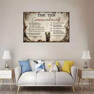 1pc Vintage Ten Commandments Wall Art Canvas - Ready to Hang Religious Home & Office Decor with Jesus & Wooden Background, Inspirational Biblical Scripture Canvas Print, Religious Wall Art, Sturdy Canvas Material, 2D Flat, Perfect for Room Decor