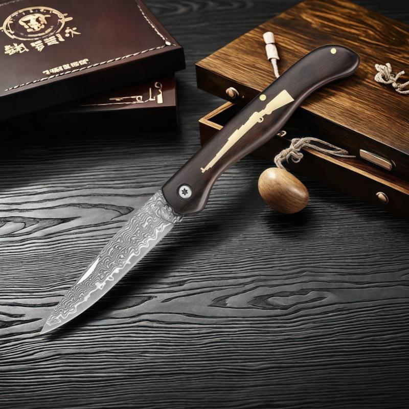 Wooden handle, Damascus steel knife, fruit knife