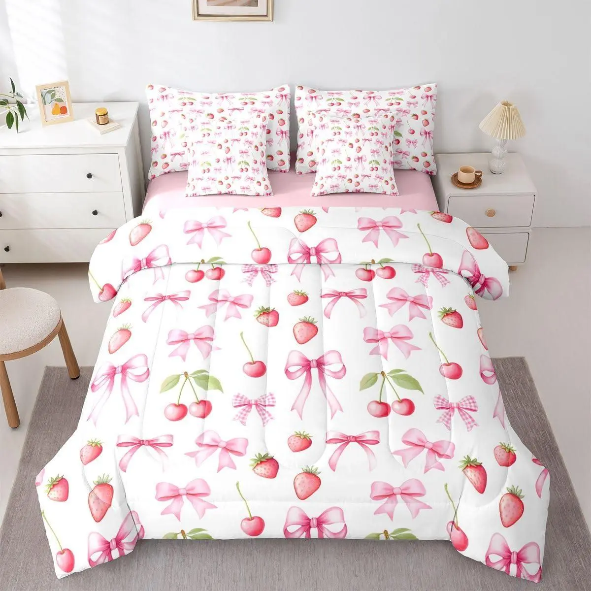 Cute Cherry Comforter Set,7 Piece Bed in A Bag,Girly Pink Strawberry Bow Bedding Set,for Kids and Adults Princess Preppy Bows Comforter and Sheets Fashion Aesthetic Bed Set