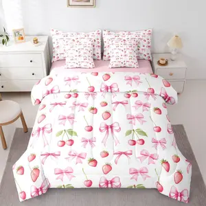 Cute Cherry Comforter Set,7 Piece Bed in A Bag,Girly Pink Strawberry Bow Bedding Set,for Kids and Adults Princess Preppy Bows Comforter and Sheets Fashion Aesthetic Bed Set