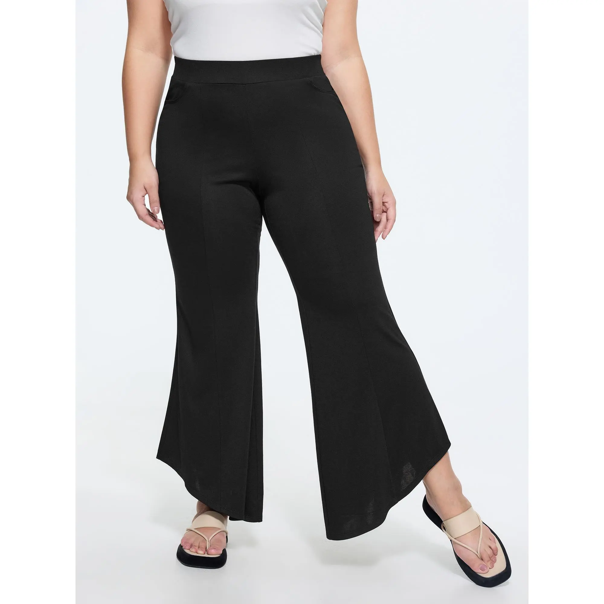 BLOOMCHIC Women's Plus Size High-Rise Elastic Waist Basic Casual Flared Spandex Blend Pants with Pocket, M-6X Summer Essential Women's Bottoms